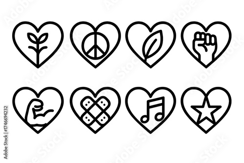 Symbolic Heart Icons. Symbolic hearts outline set. hope heart, peace heart, gratitude heart, strength heart, resilience heart, healing heart, harmony heart, guiding heart.