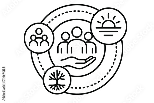 Support Network Design. Support network outline set. dotted connections, layered circles, outreach hand, teamwork icon, rising sun, strong roots