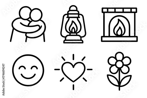 Warm Welcoming Embrace. Warm greeting outline set. welcoming hug, lantern light, cozy hearth, friendly face, radiant heart, blooming flower