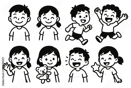 Playful Kids Icons. Joyful kid outline set. smiling boy, smiling girl, child running, playful jump, waving hands, kid with toy, laughing face, child with star.