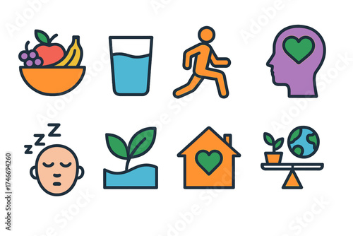 Balanced Wellness Icons. Wellness equity flat icon set. fruit bowl, water glass, exercise figure, mental health icon, restful sleep, clean environment, healthy home, sustainable