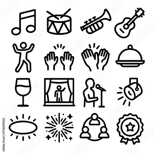 Festive Musical Celebration. Celebration visuals outline set. music note, drum, trumpet, guitar, dance figure, crowd, clapping hands, food tray, drink glass, stage, performer