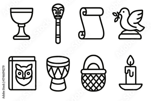 Symbolic Gift Icons. Symbolic gifts outline set. unity cup, ancestral staff, heritage scroll, peace dove carving, wisdom book, harmony drum, prosperity basket, lighted candle.