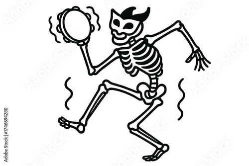 Skeleton Tambourine Dance. Skeleton dance outline set. skeleton in motion, tambourine, curved spine, kicking legs, wavy lines, playful mask