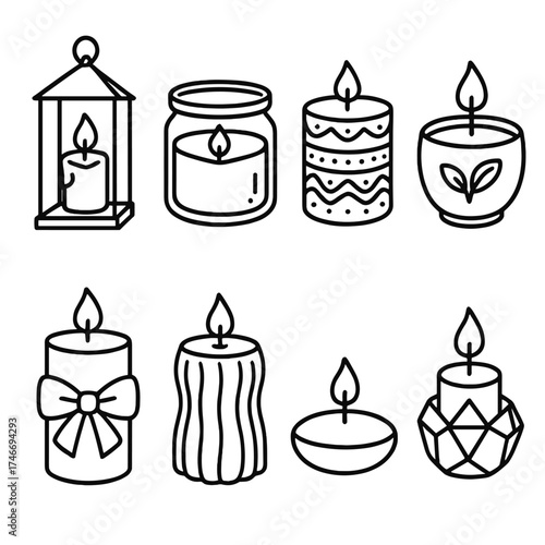 Elegant Candle Icons. Decorative candles outline set. lantern candle, glass jar candle, patterned candle, scented candle, ribbon-wrapped candle, carved candle, floating candle