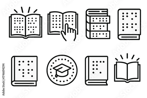 Braille Book Icons. Inclusive book outline set. open book with braille, glowing tactile text, hand reading dots, stacked braille books, page outline with dots, closed cover