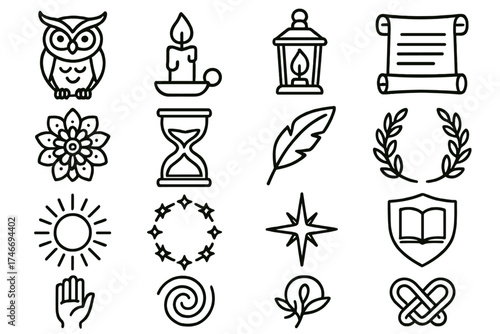 Symbols of Wisdom. Wisdom imagery outline set. owl, candle flame, lantern, ancient scroll, mandala, hourglass, feather quill, laurel wreath, radiant orb, star circle, sacred