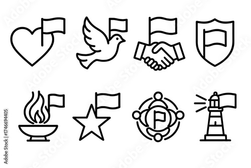 Symbolic Flag Icons. Symbolic flags outline set. heart with flag, dove with flag, handshake with flag, shield with flag, eternal flame with flag, star with flag, unity circle flag