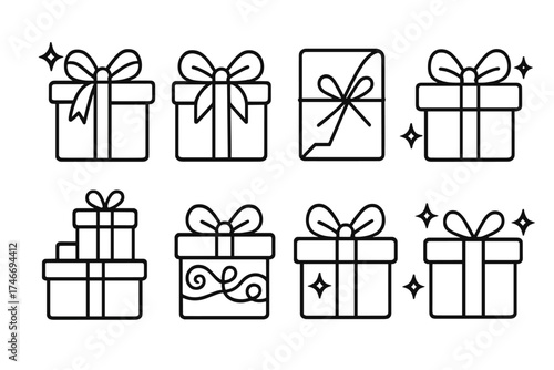 Festive Gift Icons. Decorated gift outline set. festive box, tied bow, folded wrap paper, stacked parcels, glowing gift, decorative ribbon, shiny package, gift with sparkle.