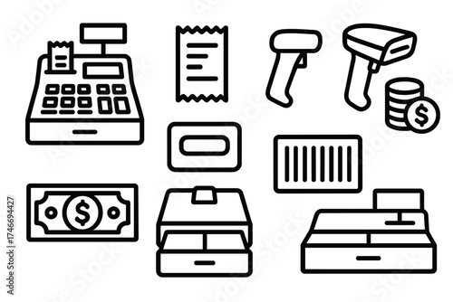 Cash Register Icons. Cash register outline set. register machine, keypad and drawer, receipt slip, money icon, barcode scanner, coin stack, display screen, cash drawer.