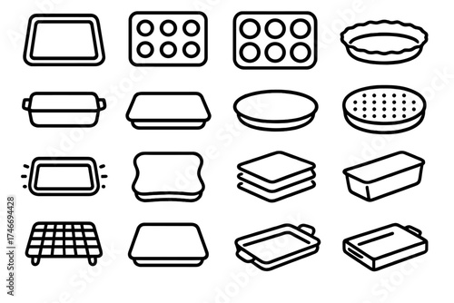 Variety of Baking Trays. Tray outline icons. baking tray, cookie tray, muffin tray, pie tray, roasting pan, rectangular tray, round tray, dotted tray, glowing tray, abstract tray