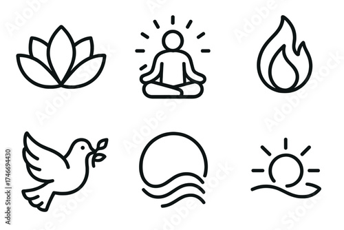 Icons of Peace. Spiritual freedom outline set. lotus bloom, meditating figure, glowing aura, rising flame, peace dove, open circle, harmony wave, shining light.
