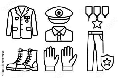 Military Uniform Icons. Service uniform outline set. blazer with insignia, cap with emblem, medal bar, tie and shirt, military boots, formal trousers, gloves, shoulder badge.