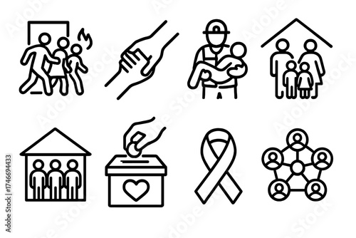 Community Support Icons. Community awareness outline set. group evacuation, helping hands, volunteer rescue, family safety, community shelter, donation box, awareness ribbon