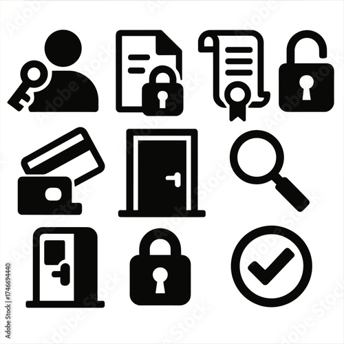 Brutalist Permission Icons. Permissions silhouette set. user with key, document access, scroll with ribbon, lock and unlock, card swipe, secure door, magnifying glass, approval