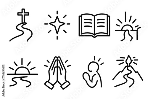 Spiritual Journey Symbols. Faith journey outline set. path with cross, glowing star, open book, footsteps on trail, sunrise horizon, praying hands, guiding light, mountain path.