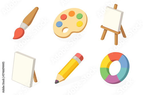 Art Tool Icons. Visual artist isometric set. paintbrush, palette, canvas, easel, pencil, color wheel.