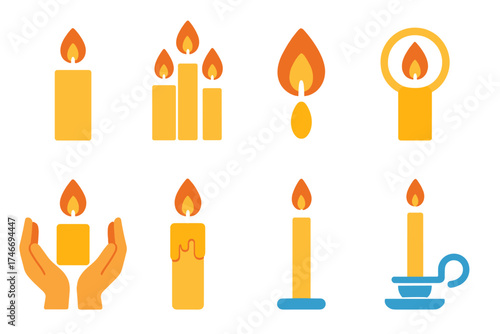 Candlelight Vigil Icons. Candle vigil flat icon set. single lit candle, cluster of candles, glowing flame, candle with halo, hands holding candle, candle with wax drip, tall candle