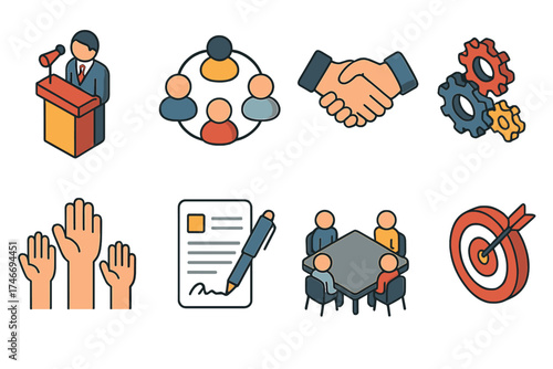 Modern Leadership Icons. Team Leadership isometric set. podium speaker, group circle, handshake, teamwork gears, raised hands, agreement contract, meeting table, target arrow.