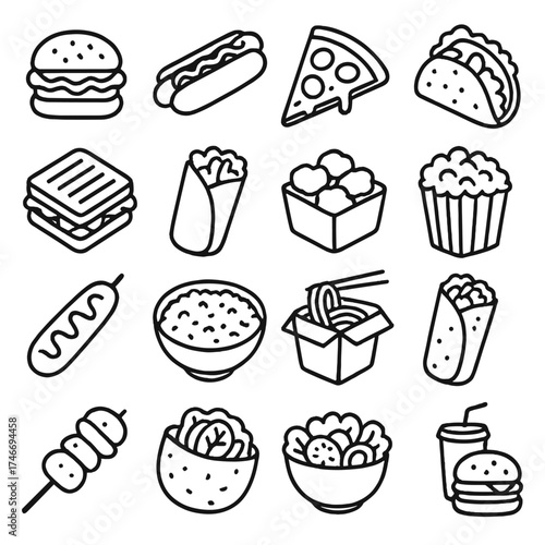 Fast Food Outline Art. Fast food visuals outline set. burger, hot dog, pizza slice, taco, sandwich, wrap, nuggets, popcorn, corn dog, fried rice bowl, noodle box, burrito, kebab