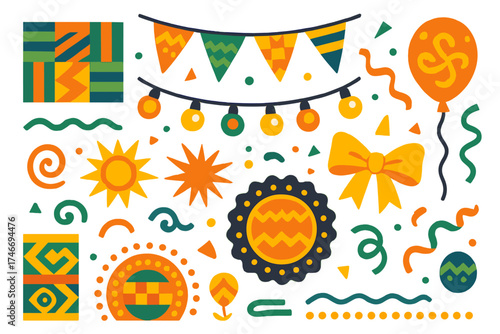 Vibrant Festive Decor. Celebration decor flat icon set. kente cloth, patterned banner, garland, string lights, starburst, ribbon, bow, streamer, balloon, confetti, festive badge