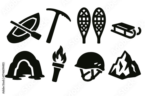 Brutalist Expedition Icons. Expedition silhouette set. canoe, ice axe, snowshoes, sled, cave entrance, torch, climbing helmet, glacier.