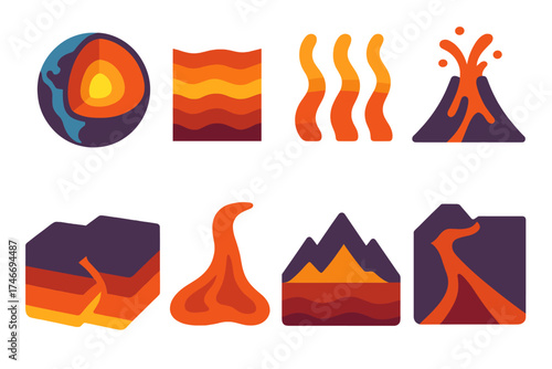 Earth's Dynamic Layers. Mantle basics flat icon set. Earth cross-section, molten layer, rock strata, glowing heat waves, volcano, tectonic plate, magma flow, mountain range.