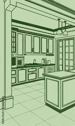 Modern Kitchen Design Illustration Home Interior Blueprint Architectural Sketch Room Plan House Design Cabinetry Tile Floor Island Countertop.