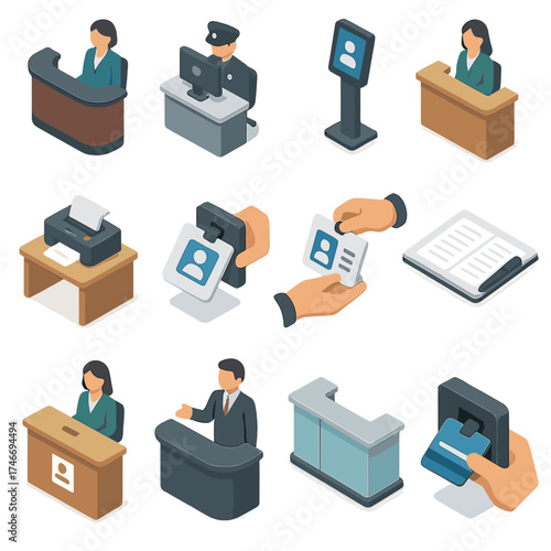 Office Welcome Desk Icons. Welcome Desk Office isometric set. corporate front desk, security desk with monitor, visitor sign-in kiosk, office lobby desk, desk with printer, ID card