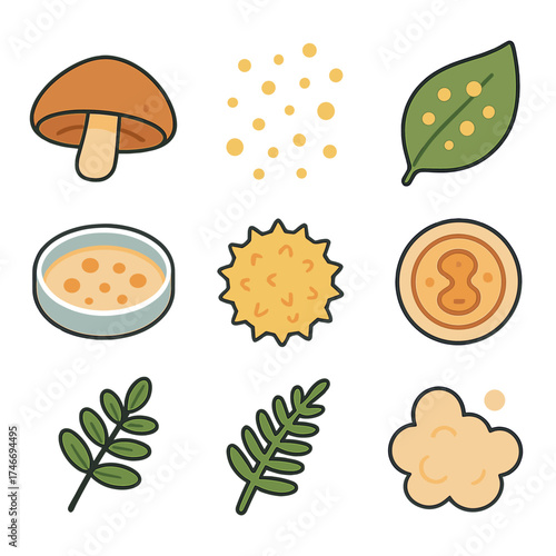 Isometric Spore Icons. Spore isometric set. mushroom cap, floating spore dots, leaf with spores, circular cell, petri dish, pollen grain, fern frond, dust cloud.