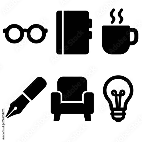 Philosopher Icon Set. Modern philosopher silhouette set. glasses, notebook, coffee cup, pen, chair, light bulb.