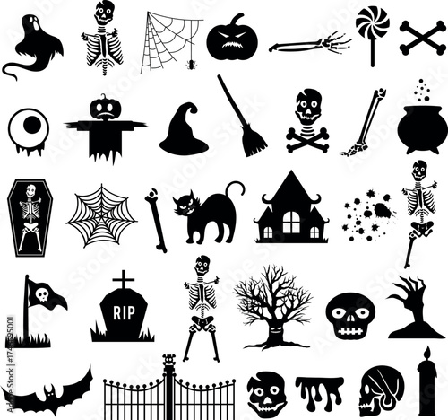 Halloween Elements Collection. Spooky Skeleton, Ghost, Pumpkin, Witch Hat, Bat, Spider Web, and Creepy Icons for Halloween Decoration and Design