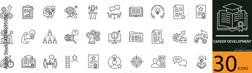 Minimal Career Development Line Icon Set 30 Outline Symbols for Growth, Skill, and Success Design