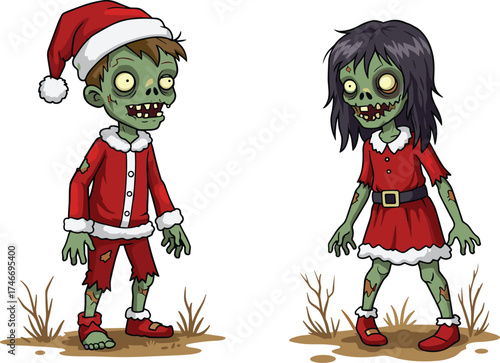 Christmas zombie cartoon, festive horror character, Santa hat monster, elf girl with keys, creepy holiday humor, quirky fantasy art, spooky festive scene, Christmas zombie