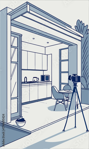 Modern Kitchen Interior with Camera Setup for Video Production or Blog.