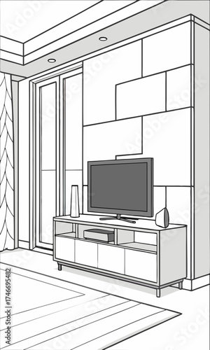 Modern Living Room Interior Design Sketch with TV and Entertainment Center.