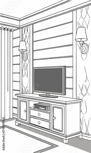 Modern living room interior design sketch with TV stand and wall paneling.