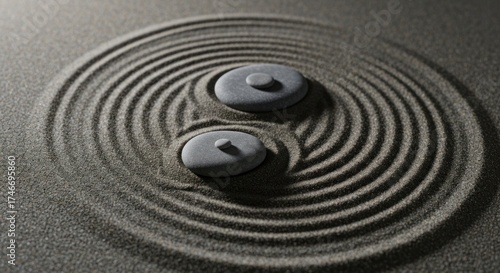 Zen garden stones amidst concentric sand waves, serenity in simplicity