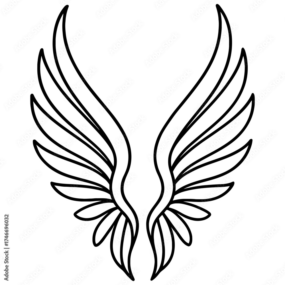 Fototapeta premium Elegant angel wings black outline long feathers symmetrical vector on white