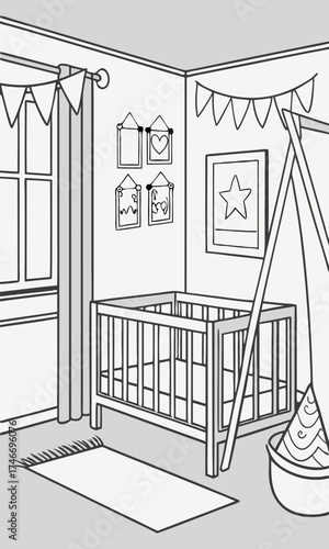 Nursery room illustration crib baby room decor kids room design childrens bedroom interior design sketch black and white illustration simple line art vector graphic baby cot teepee pla.