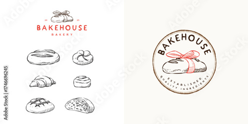Bakery bread logo with illustration of sourdough wrap with decorative ribbon depict friendliness and love. with illustration of bread set collection for menu and banner element, hand drawn style