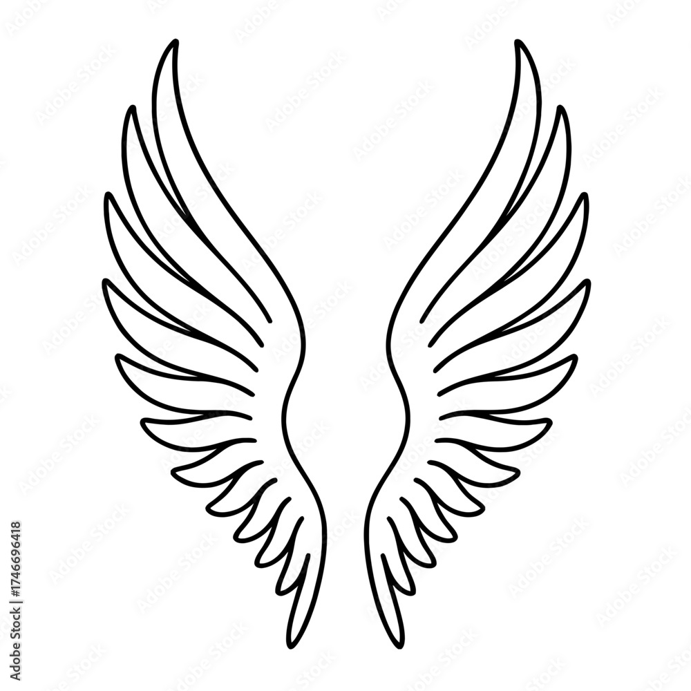 Obraz premium Feathered angel wings black outline symmetrical vector on white background