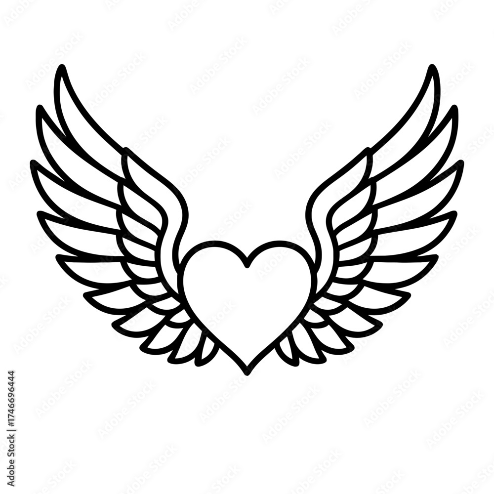 Fototapeta premium Outlined heart with angel wings symmetrical black vector on white background