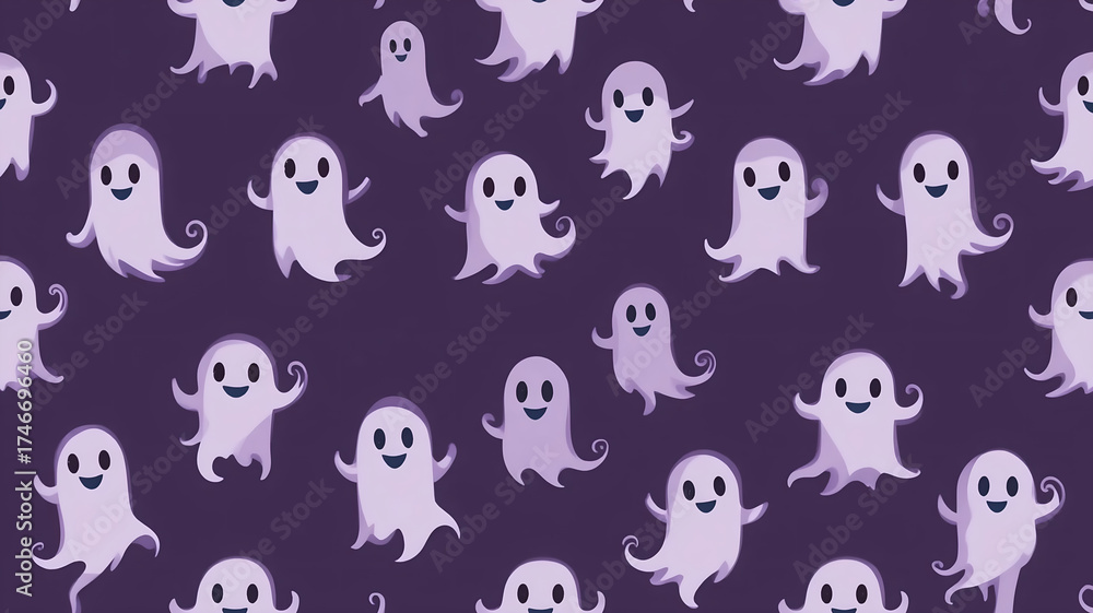Fototapeta premium Cute and Friendly Seamless Pattern with Various Cartoon Ghosts and Playful Spooks on a Dark Purple Background for Halloween Fabric, Wallpaper, and Background Design