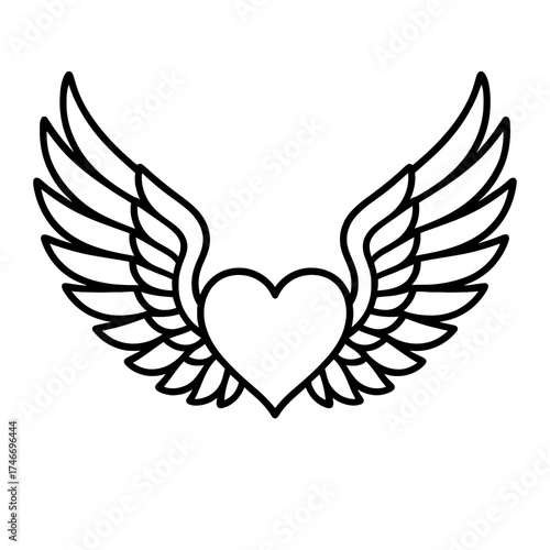 Outlined heart with angel wings symmetrical black vector on white background