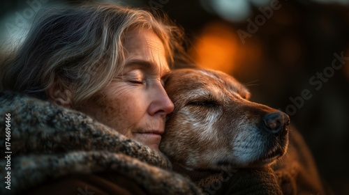 A woman holding her senior dog close during sunset at the park, eyes closed, peaceful and heartfelt moment