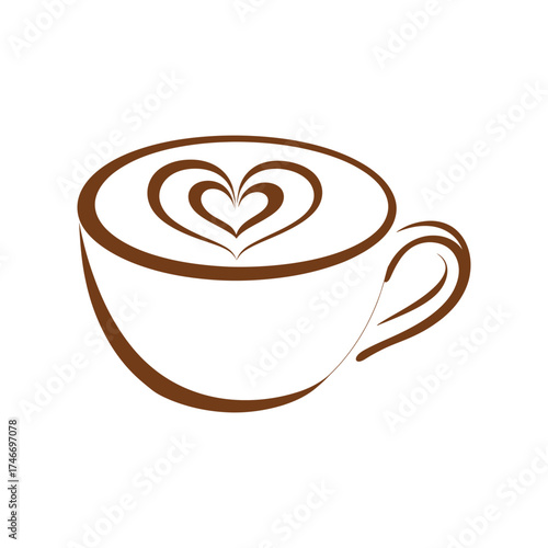 Simple line art drawing of a coffee cup with a heart shape latte art