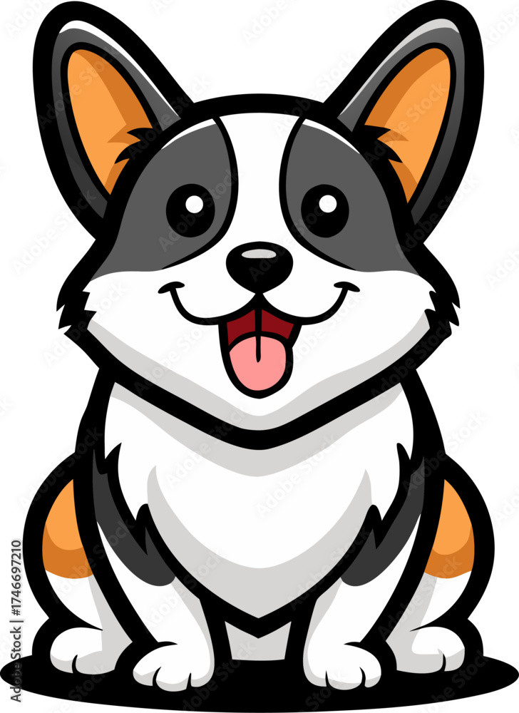 Obraz premium Corgi sitting with tongue out, vector icon, black and white, white background
