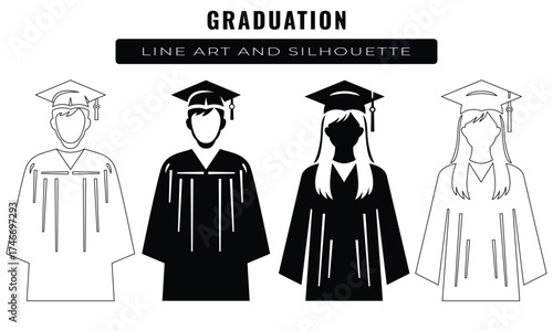 Editable vector icon set of graduating students. Features male and female graduates wearing caps and gowns in both line art and black silhouette styles.