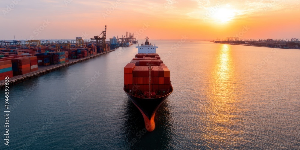 Obraz premium large cargo ship navigates calm waters at sunset, surrounded by shipping containers and port infrastructure, reflecting the beauty of maritime transport.